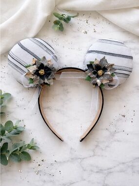 Striped Fabric Disney Minnie Mouse Ears Headband with Floral Bow Accents